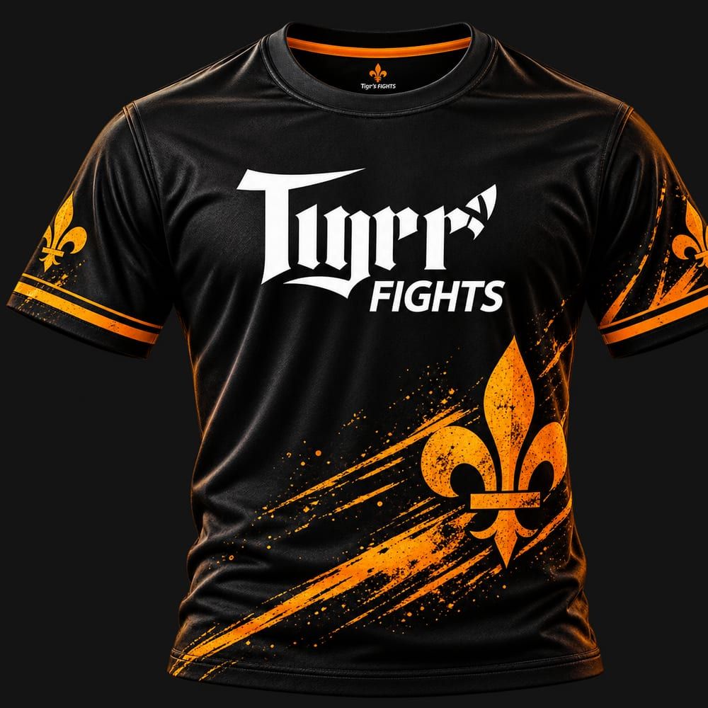 T-shirt noir Tiger’s Fights avec fleur de lys et éclats orange